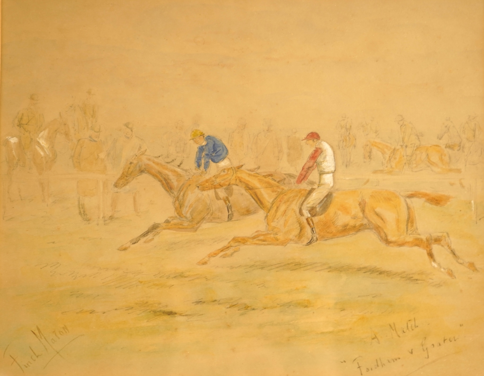 George Finch Mason (1850-1915), Three horse racing interest watercolours, to include 'Military races' and 'A Match, Fordham v Goater' each signed and largest 22 x 27cm